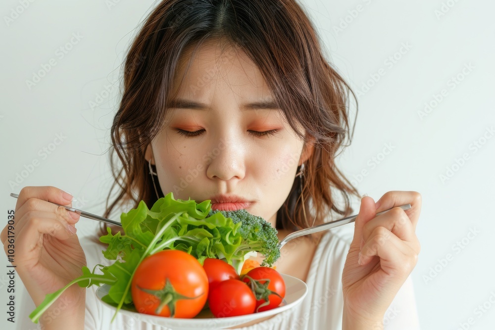 Asian woman on a diet, displeased with vegetables on her fork, white background Asian woman on a diet, displeased with vegetables on her fork, white background