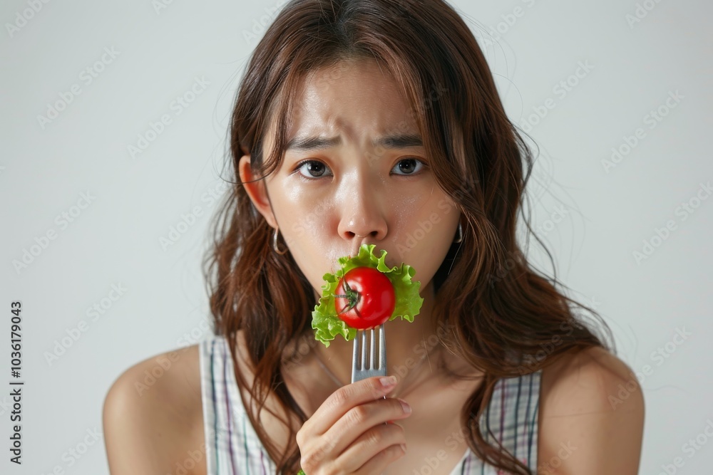Asian woman on a diet, displeased with vegetables on her fork, white background Asian woman on a diet, displeased with vegetables on her fork, white background