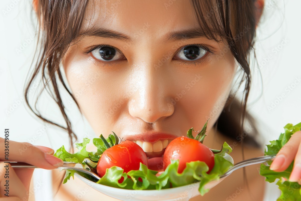 Asian woman on a diet, displeased with vegetables on her fork, white background Asian woman on a diet, displeased with vegetables on her fork, white background