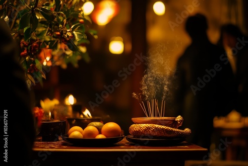 Festive table with incense and fruit offerings photo