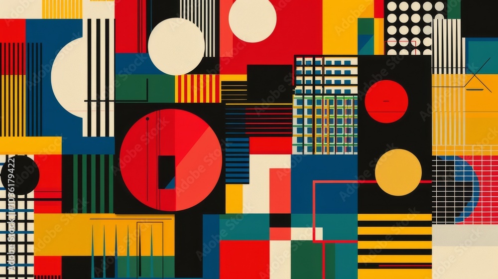 Abstract geometric Bauhaus poster with circles, squares, and triangles. Primary colors and clean lines. Minimalist design. Vector art