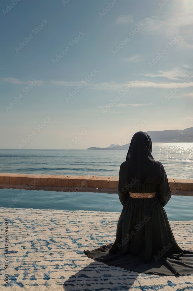 Woman in Black Hijab Sitting by Water in Peaceful Reflection Woman in Black Hijab Sitting by Water in Peaceful Reflection