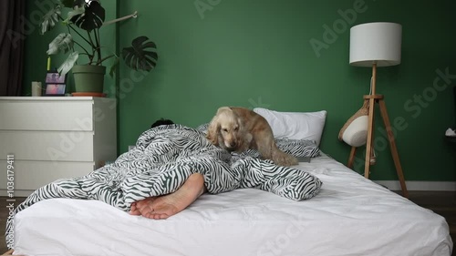 A young man and his light-colored dog sleep peacefully in bed in a cozy bedroom. A calm and restful scene of relaxation, capturing the warmth of home and companionship.