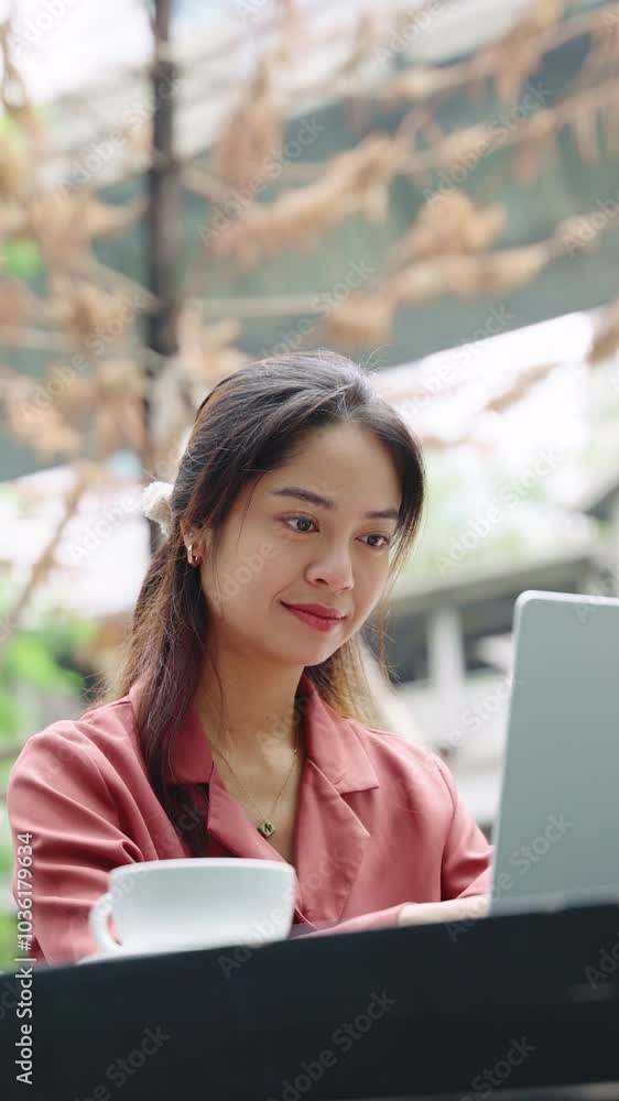 Young woman using laptop and smiling in slow motion - Bangkok Thailand Young woman using laptop and smiling in slow motion - Bangkok Thailand