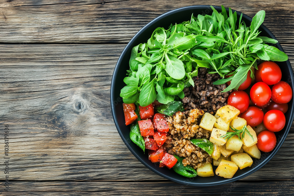 A colorful salad bowl featuring fresh greens, cherry tomatoes, diced potatoes, and seasoned ground meat, arranged in a visually appealing manner on a wooden table. A colorful salad bowl featuring fresh greens, cherry tomatoes, diced potatoes, and seasoned ground meat, arranged in a visually appealing manner on a wooden table.