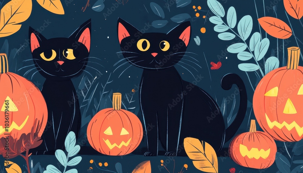 Two black cats sit beside carved pumpkins in a whimsical autumn setting Two black cats sit beside carved pumpkins in a whimsical autumn setting