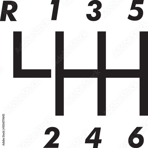 Car Gear Shift Location Symbol Isolated. A diagram of a manual gear car's stick shift and gears. Isolated with no background.