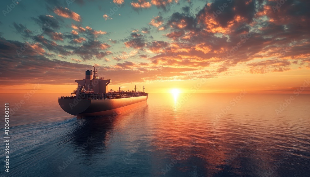 A cargo ship sailing at sunset across calm waters near the horizon A cargo ship sailing at sunset across calm waters near the horizon