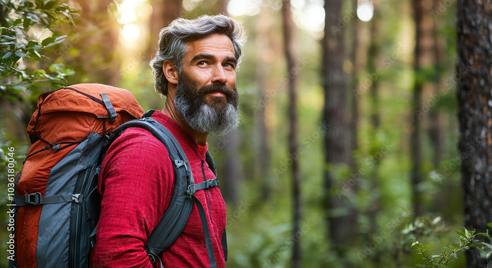 Bearded man in his 30s hiking through a forest, surrounded by nature, enjoying an outdoor adventure Bearded man in his 30s hiking through a forest, surrounded by nature, enjoying an outdoor adventure