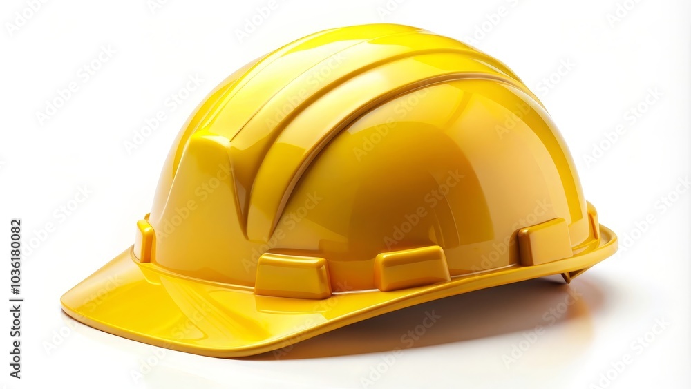 Yellow safety helmet is laying on a white background, representing workplace safety and accident prevention Yellow safety helmet is laying on a white background, representing workplace safety and accident prevention