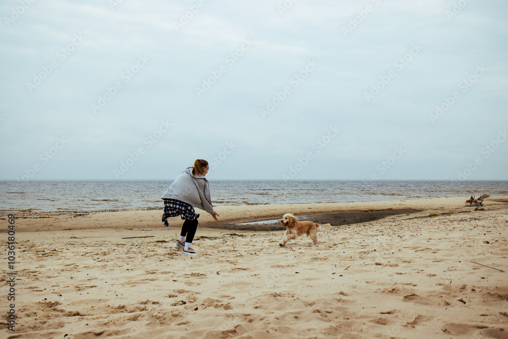 Girl and dog playing by the seaside. The dog happily returns with the ball, capturing the playful bond between them in a serene autumn beach setting.