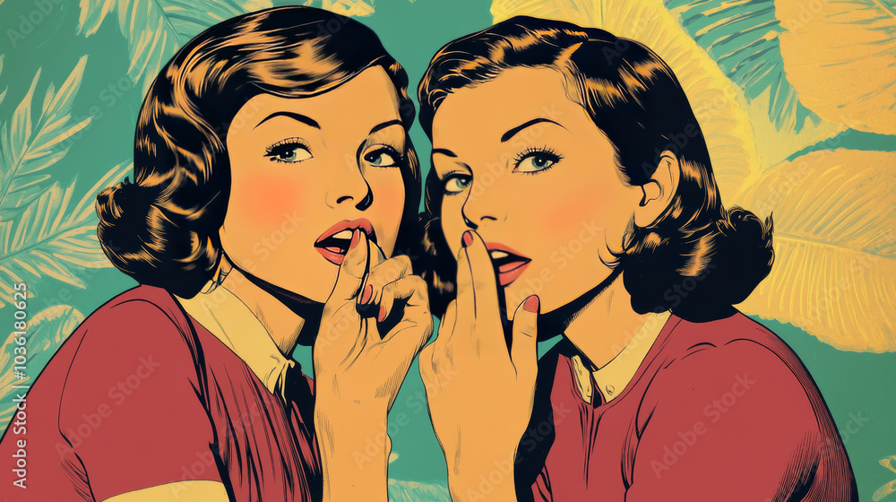 Two friends share a secret, their voices hushed like a whisper, in a retro comic book style. Two friends share a secret, their voices hushed like a whisper, in a retro comic book style.
