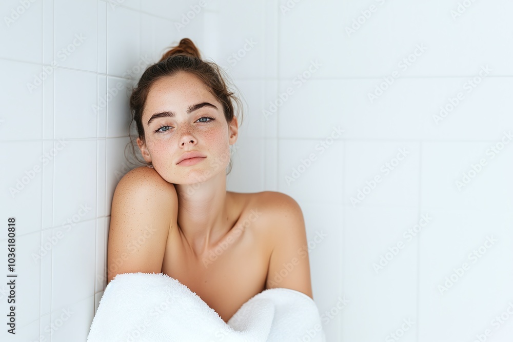 Woman wrapped in towel, minimalist white background, relaxed and fresh look, natural beauty, serene bathroom setting, clean and simple, self-care moment, peaceful expression
Woman wrapped in towel, minimalist white background, relaxed and fresh look, natural beauty, serene bathroom setting, clean and simple, self-care moment, peaceful expression