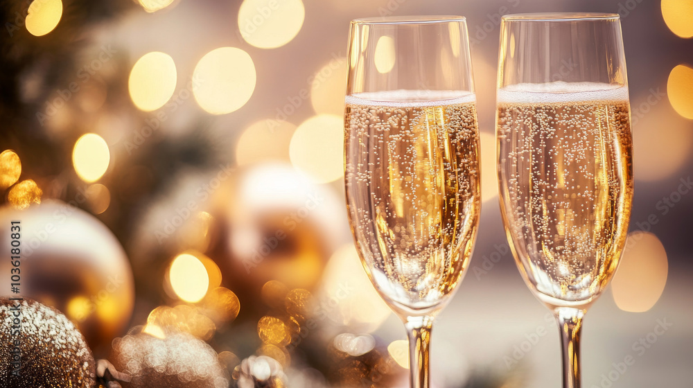 Two glasses of bubbly champagne clink together, surrounded by festive decorations and twinkling lights. It's New Year's Eve, and there's plenty of room for your message. Two glasses of bubbly champagne clink together, surrounded by festive decorations and twinkling lights. It's New Year's Eve, and there's plenty of room for your message.