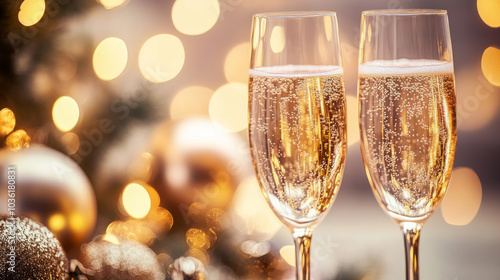 Two glasses of bubbly champagne clink together, surrounded by festive decorations and twinkling lights. It's New Year's Eve, and there's plenty of room for your message.