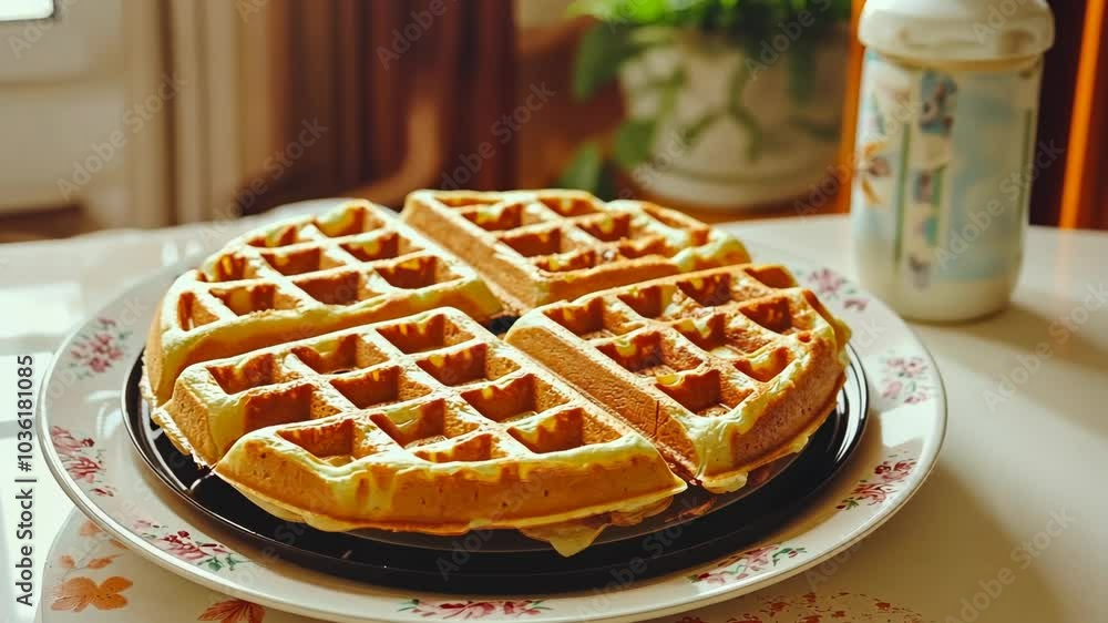 Golden brown waffles on a plate, ready to be enjoyed for breakfast Golden brown waffles on a plate, ready to be enjoyed for breakfast
