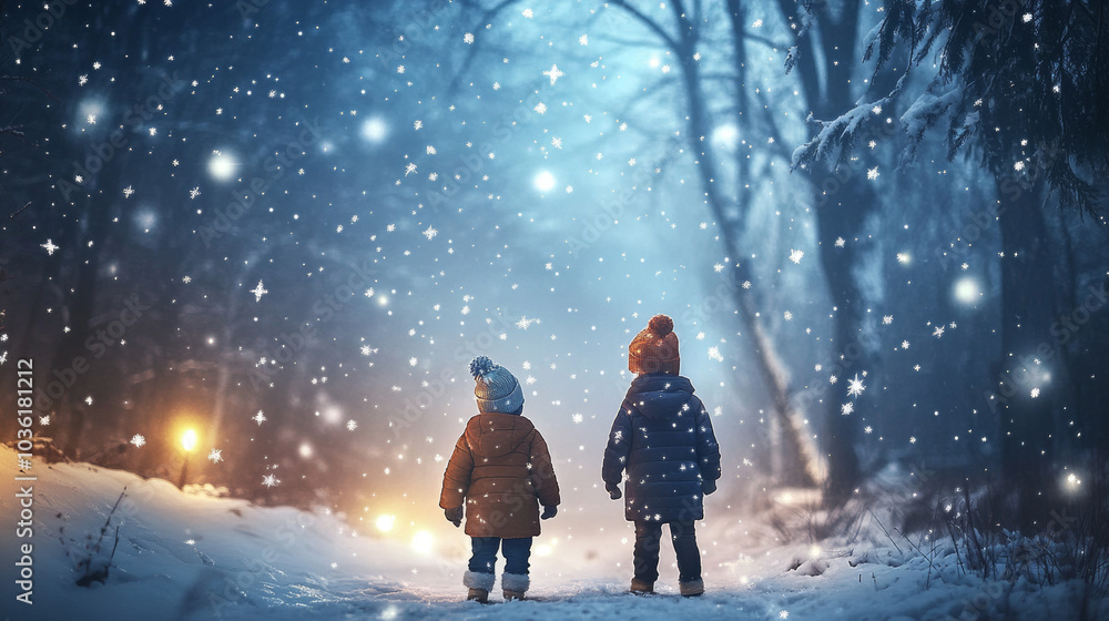 Two kids, a boy and a girl, are friends in a magical winter forest. They watch shooting stars and make wishes. This scene is perfect for a Christmas or New Year greeting card. Two kids, a boy and a girl, are friends in a magical winter forest. They watch shooting stars and make wishes. This scene is perfect for a Christmas or New Year greeting card.