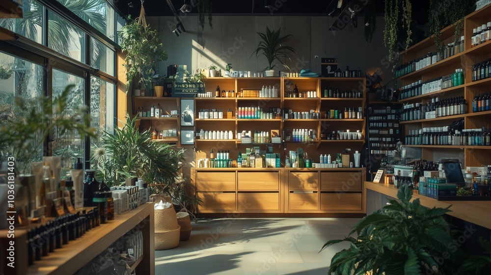A CBD store with a calming atmosphere, showcasing health and wellness products made from cannabis A CBD store with a calming atmosphere, showcasing health and wellness products made from cannabis
