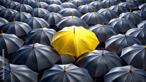 Conceptual image of a single yellow umbrella standing out from the crowd of many black umbrellas