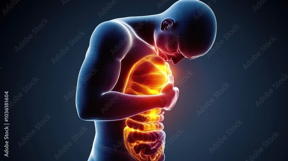A digital representation of a human figure highlighting internal organs with glowing effects. A digital representation of a human figure highlighting internal organs with glowing effects.