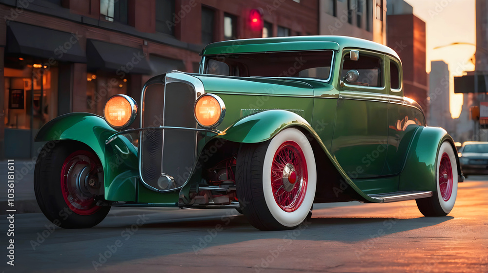 Beautiful unique green vintage hot rod car parked in the street , automotive background, tuning template, auto transport