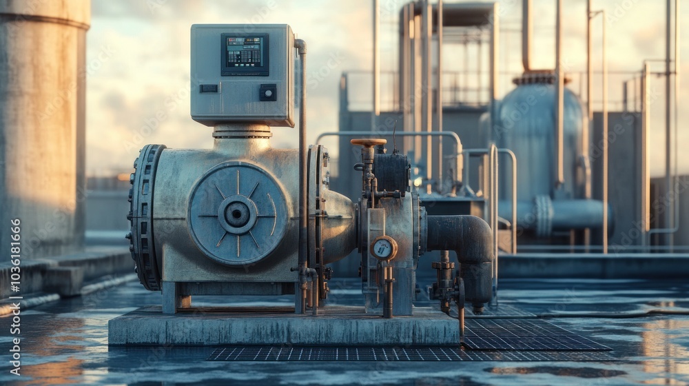 Fototapeta premium Industrial pump and piping system on a rooftop, showcasing machinery and infrastructure.