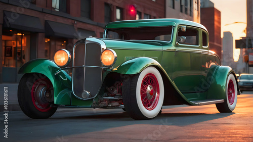 Obraz na płótnie Beautiful unique green vintage hot rod car parked in the street , automotive background, tuning template, auto transport w salonie