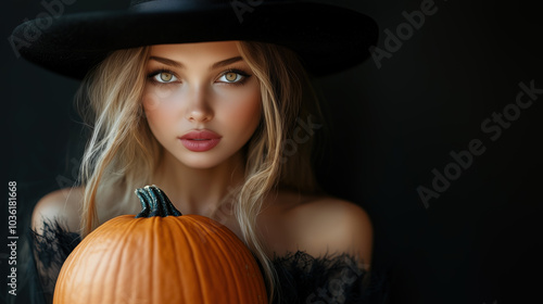 Young woman in black dress and witch hat holds pumpkin against dark background, close up. Mysterious witch and Halloween symbol, spooky celebration. Banner, party invitation, greeting card, copy space