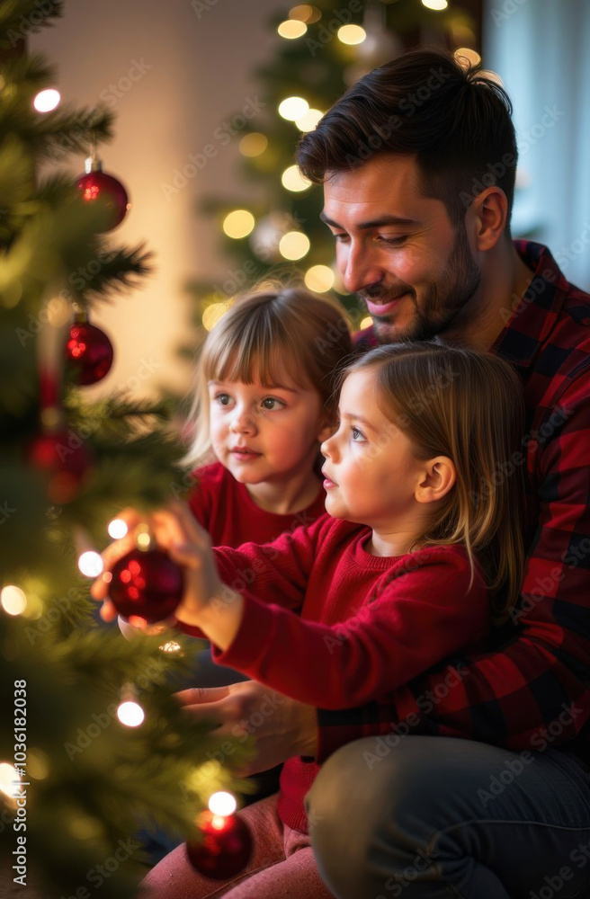 Father and his two daughters in red are decorating a christmas tree with red baubles in a warm and cozy atmosphere. The family is enjoying the festive season and creating precious memories together. Father and his two daughters in red are decorating a christmas tree with red baubles in a warm and cozy atmosphere. The family is enjoying the festive season and creating precious memories together.