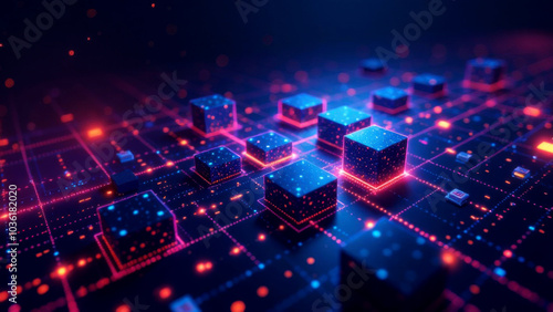 Blockchain technology with glowing cubes exchanging data on circuit board. Perfect for illustrating cryptocurrency, data security, and finance.