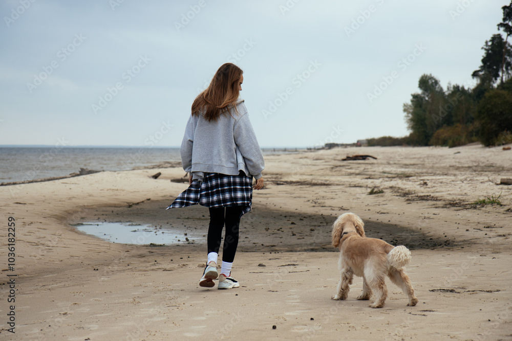 Woman walking her dog along the shore, wrapped in warm autumn clothing. The serene beach setting creates a peaceful outdoor mood, perfect for themes of nature and pet care.