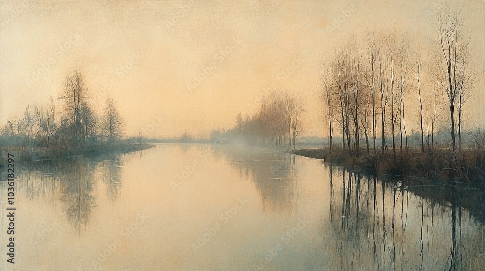 Obraz premium Painting of a foggy river in front of trees with a misty sky in the backdrop