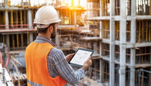 Construction worker using a tablet for project management at a building site