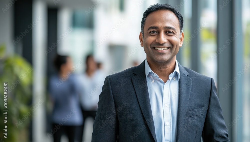 Professional man in a suit smiles confidently in a modern office environment Professional man in a suit smiles confidently in a modern office environment