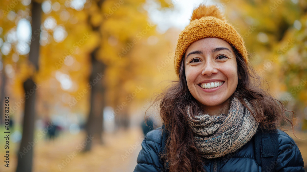 Happy woman with a bright smile, in a city park during autumn, fresh and lively atmosphere Happy woman with a bright smile, in a city park during autumn, fresh and lively atmosphere