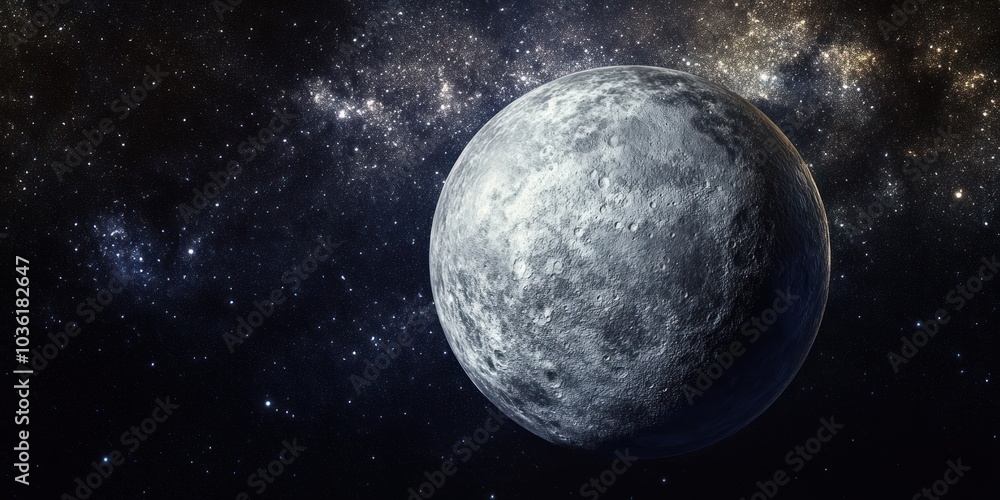 A single, grey, cratered moon in deep space against a backdrop of scattered stars and the Milky Way galaxy. A single, grey, cratered moon in deep space against a backdrop of scattered stars and the Milky Way galaxy.