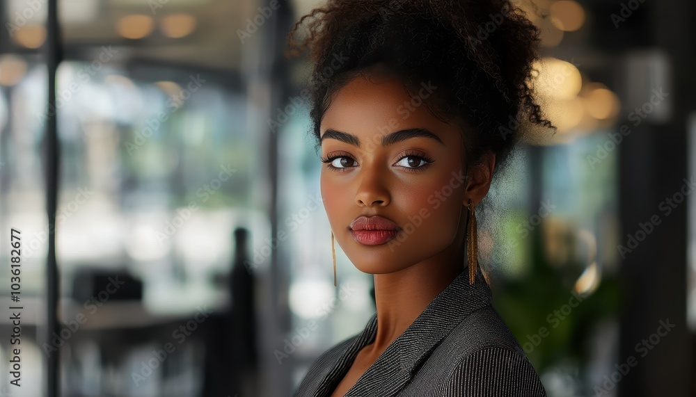 A confident young woman poses in a modern office setting during daylight A confident young woman poses in a modern office setting during daylight