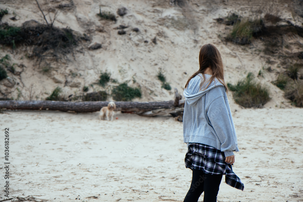 Girl looks on as her dog explores the terrain by the beach. The dog stands on a log, surrounded by sand and plants, showcasing a calm autumn day in nature.