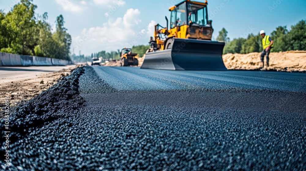 Workers are laying fresh asphalt on a road construction project. Heavy machinery is being used on this highway construction site. Workers are laying fresh asphalt on a road construction project. Heavy machinery is being used on this highway construction site.