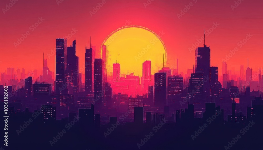 Vibrant sunset over a futuristic city skyline with silhouetted skyscrapers Vibrant sunset over a futuristic city skyline with silhouetted skyscrapers