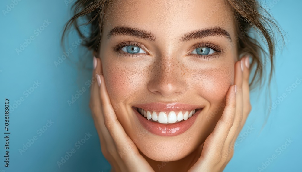 Smiling young woman with blue eyes and freckles posing against a blue background Smiling young woman with blue eyes and freckles posing against a blue background