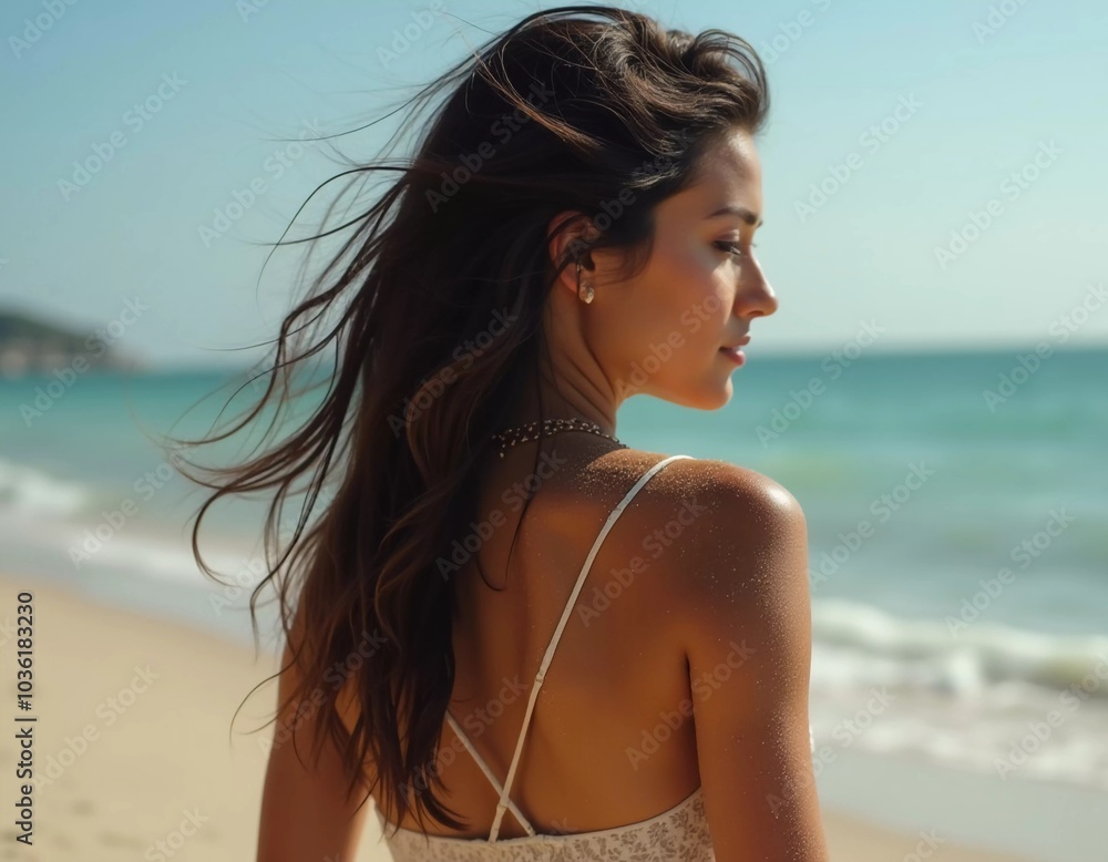 Brunette woman stands by ocean or sea, enjoying sun and surf while wearing a stylish swimsuit, highlighting relaxed beach atmosphere. Beautiful young face. Advertisement for travel or clothes. AI. Brunette woman stands by ocean or sea, enjoying sun and surf while wearing a stylish swimsuit, highlighting relaxed beach atmosphere. Beautiful young face. Advertisement for travel or clothes. AI.