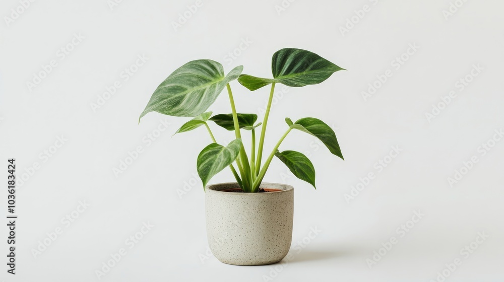 Philodendron Birkin plant in a pot displayed from the front against a white background Philodendron Birkin plant in a pot displayed from the front against a white background