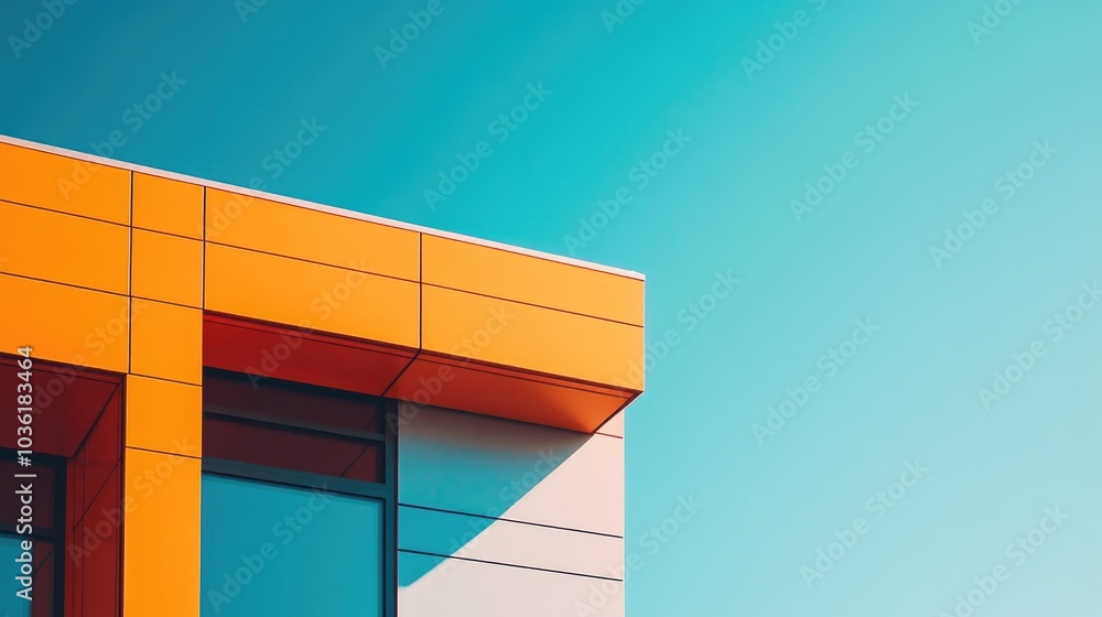Fototapeta premium Contemporary Architectural Feature Showcasing Bright Orange and Blue Hues against a Clear Sky
