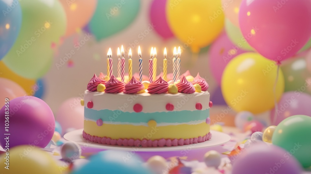Colorful Birthday Cake with Candles Surrounded by Vibrant Balloons in a Celebratory Atmosphere Colorful Birthday Cake with Candles Surrounded by Vibrant Balloons in a Celebratory Atmosphere