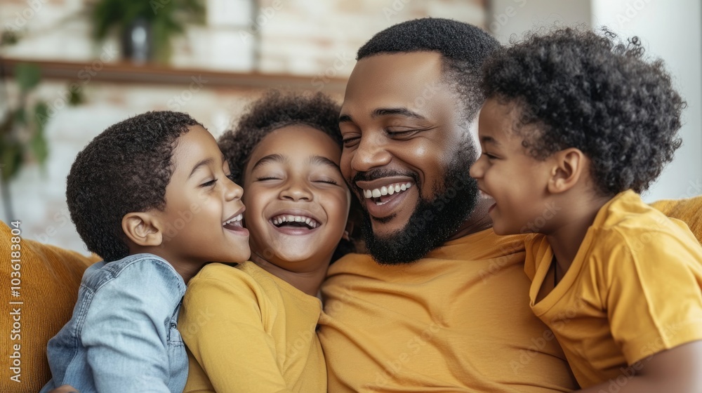 A joyful moment of a father and his three children sharing laughter on a couch. A joyful moment of a father and his three children sharing laughter on a couch.