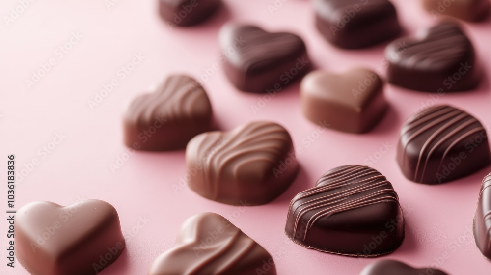 Fototapeta premium Heart Shaped Chocolate Treats on a Pink Surface for Romantic Celebrations