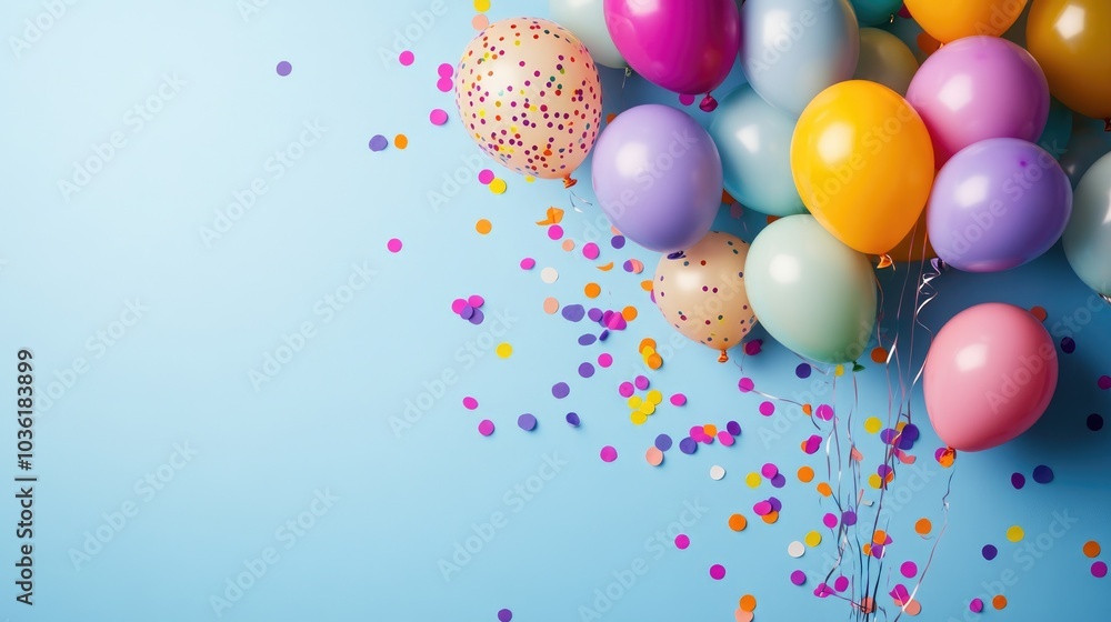 Vibrant balloons and confetti establish a joyful ambiance for celebrations with ample space for text Vibrant balloons and confetti establish a joyful ambiance for celebrations with ample space for text