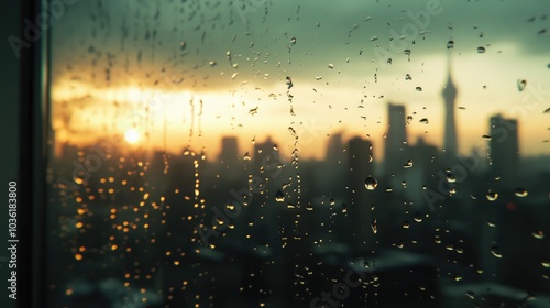 Blurry raindrops on a window with an urban skyline visible in the background photo