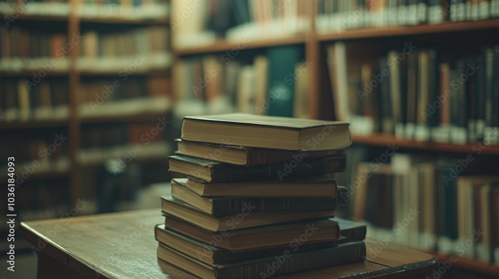 Fototapeta premium A pile of books rests on a wooden table with a softly blurred library setting in the background